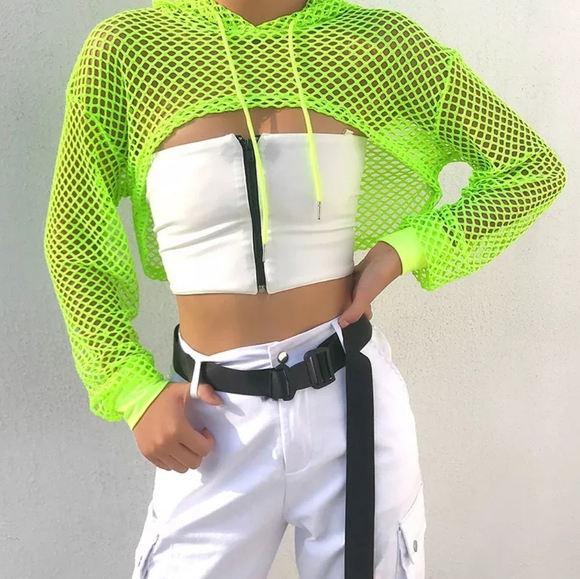 Fishnet Crop Top Shrug Cyber Hoodie Goth Neon Top - Picture 4 of 9